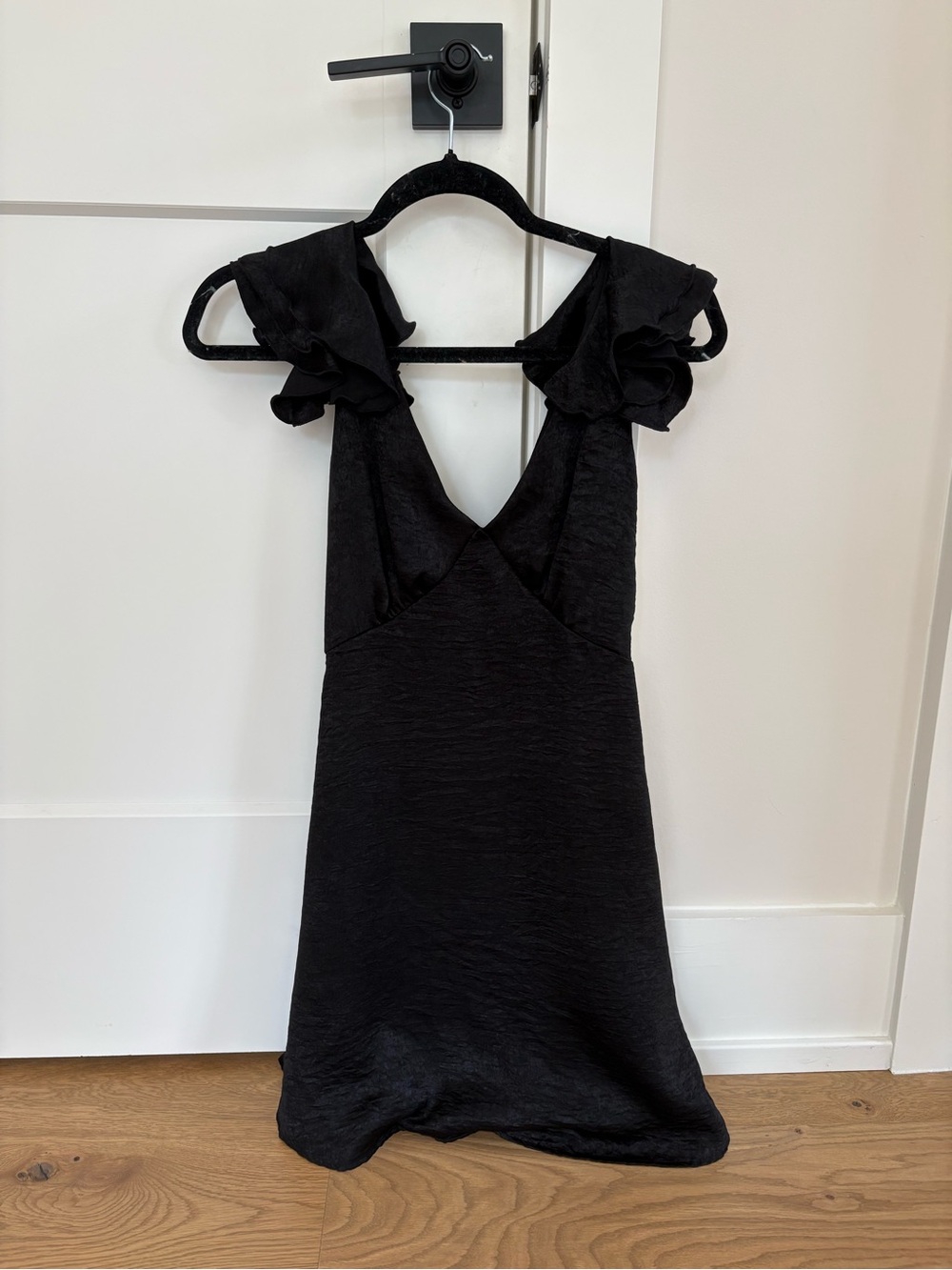 Altar'd State Black Mini Dress with Ruffle Shoulder Detail